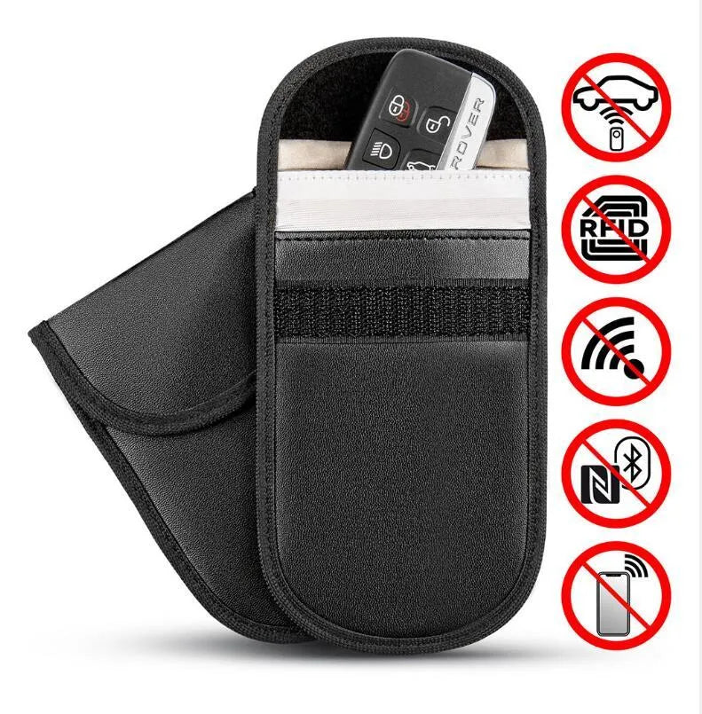 Black microfiber Faraday cage car key signal blocker case measuring 13.5 by 9.5 centimetres