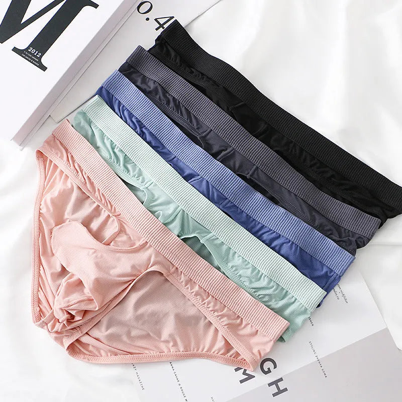 Men's low waist briefs in ice silk fabric on a white background, showing the brief style.