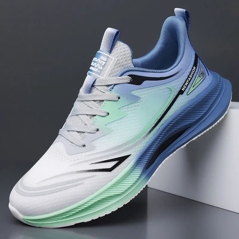 Men's low-top casual shoes in gray green with woven mesh upper and rubber platform sole.