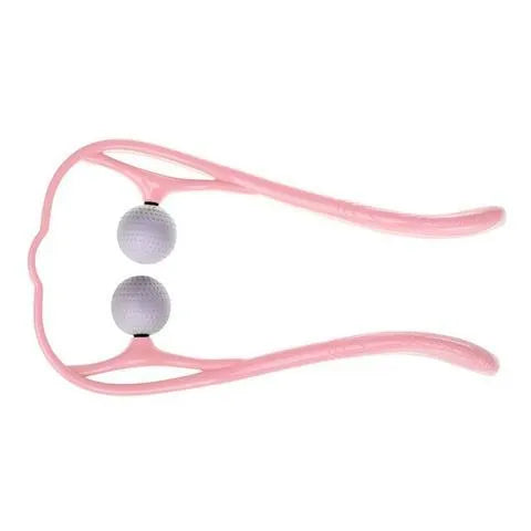 Manual neck and shoulder massager with adjustable stand and 3D floating-point rollers in pink, blue, and green colours.