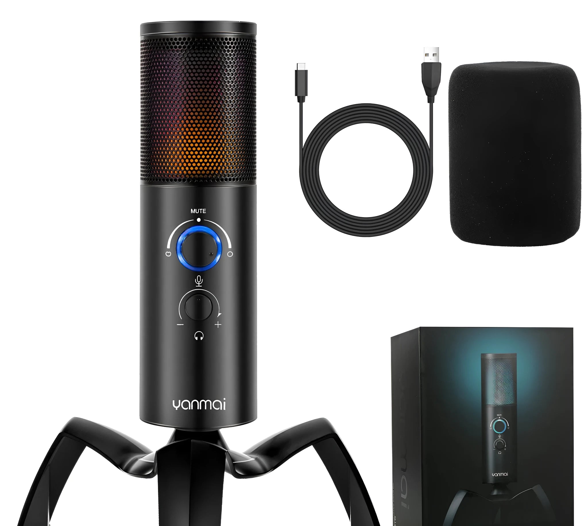 Black Q18 USB condenser microphone on a tripod stand with RGB lighting effects.