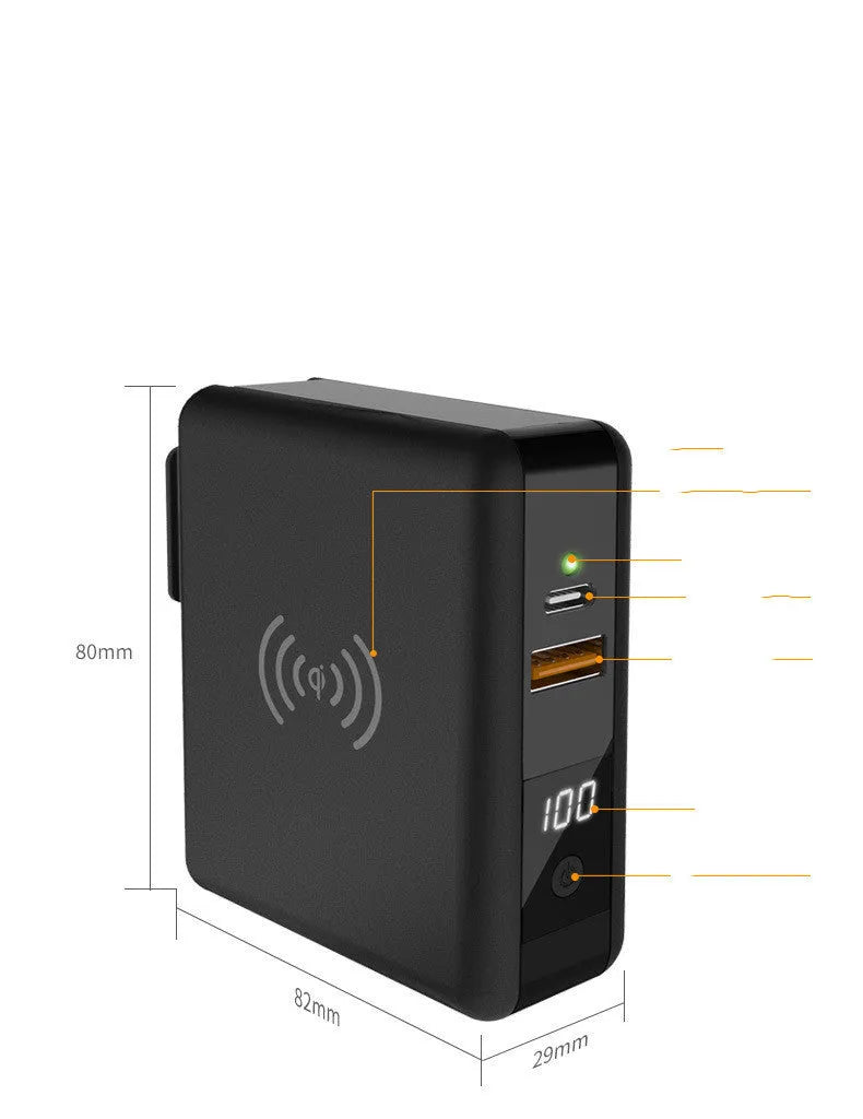 Black and white Super QI wireless charging power bank with built-in plug and international adapters.