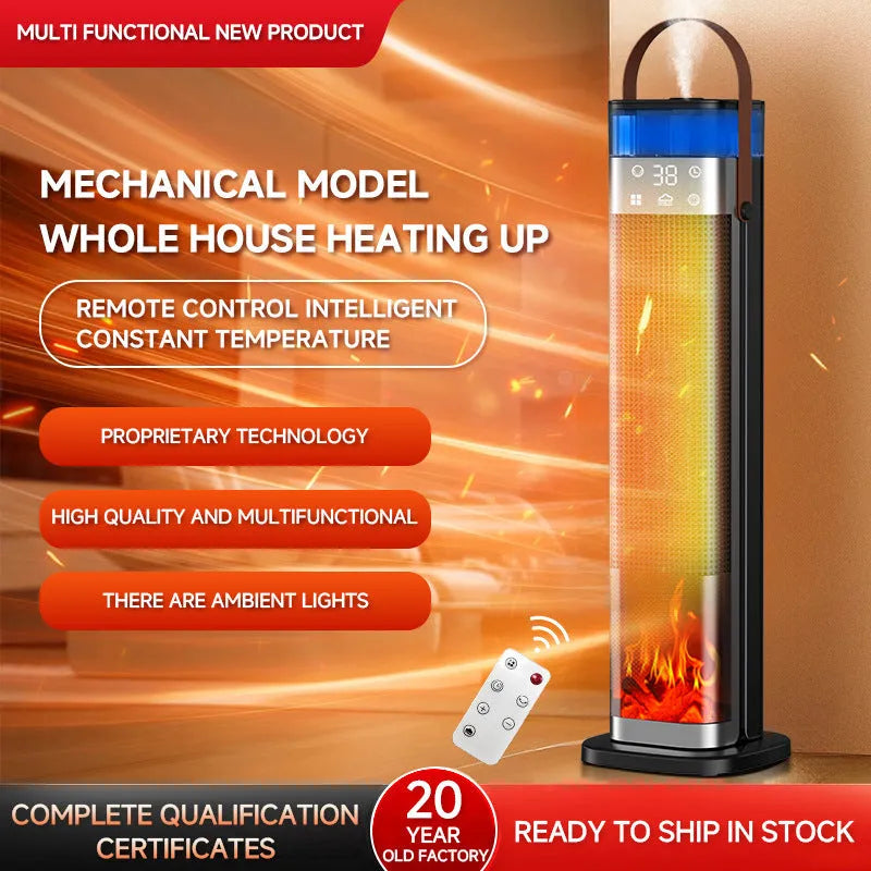 Tall, slim white vertical tower heater with digital display and remote control on a wooden floor.