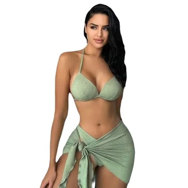 Women's black three-piece swimsuit set showing top, bikini bottoms, and skirt with Russian split style