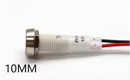 10mm stainless steel edge LED indicator light with wire and flat metal lens in multiple colours.