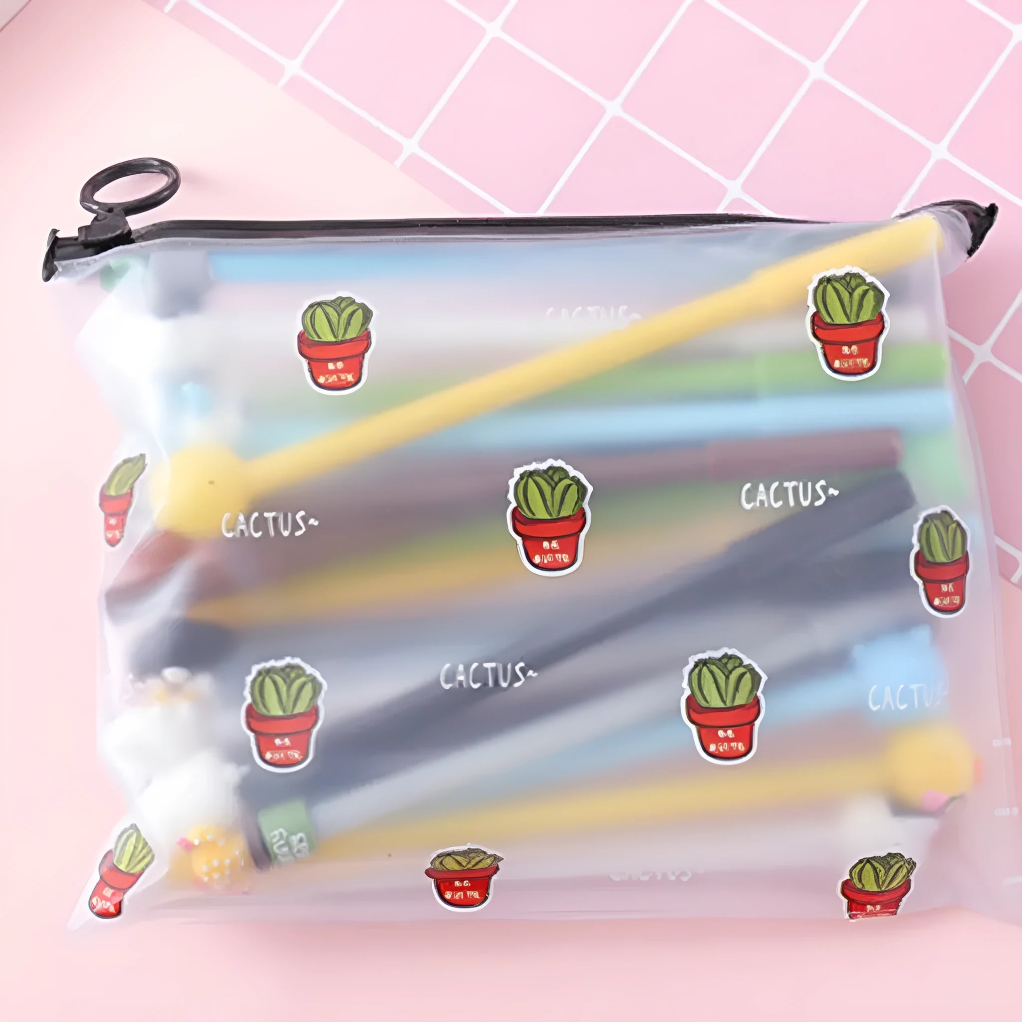 Twenty colourful cartoon cactus design 0.5mm black ink pens in plastic storage case measuring 21 by 17 centimetres