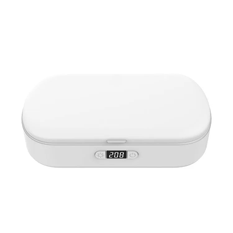 White UV sterilisation box with aromatherapy function for wireless charging and disinfection of personal items