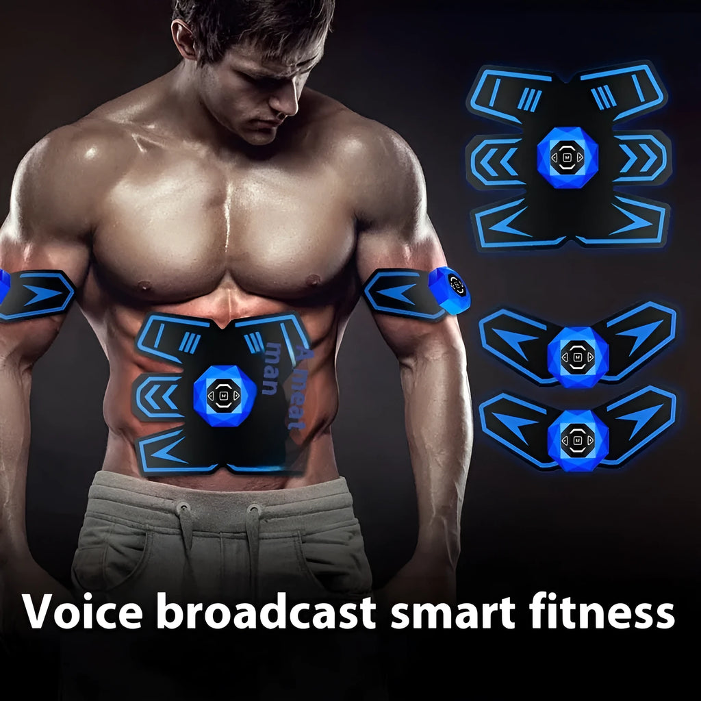 Eight abdominal sculpting massage patches showing PU leather silicone ABS construction for fitness and waist support