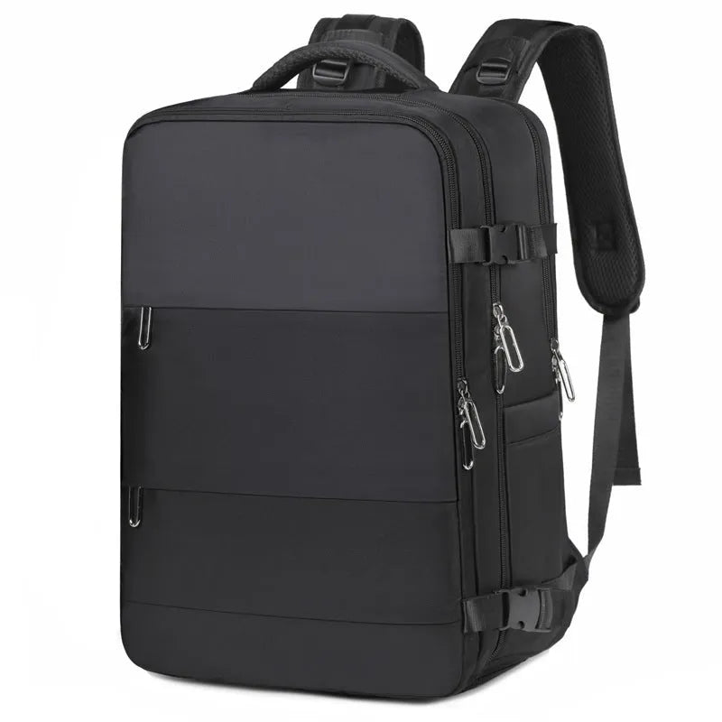 Large purple travel backpack for women with laptop compartment and organisational pockets.
