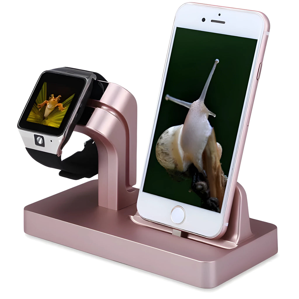 White 2 in 1 desktop charging dock station holding an iPhone and an Apple Watch upright.