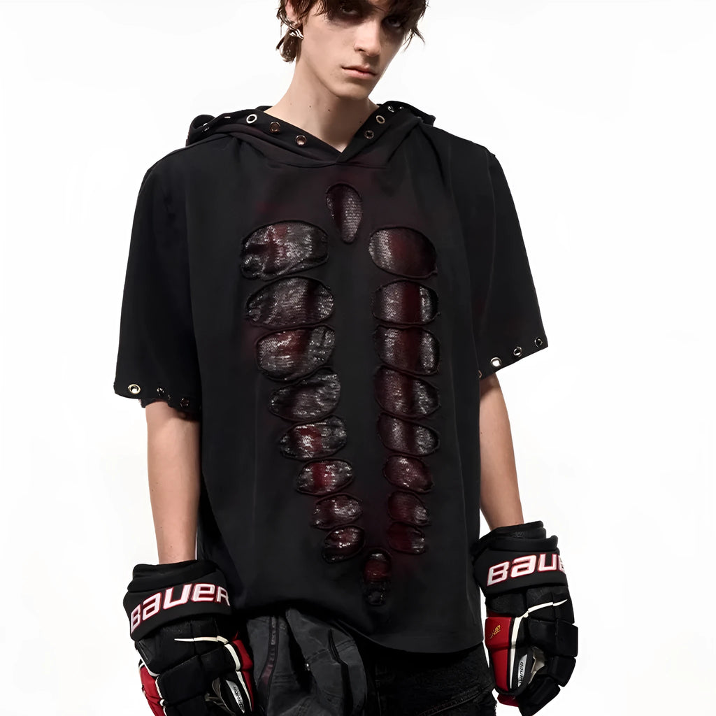 Black mens hooded t-shirt with sequin decoration and short sleeves