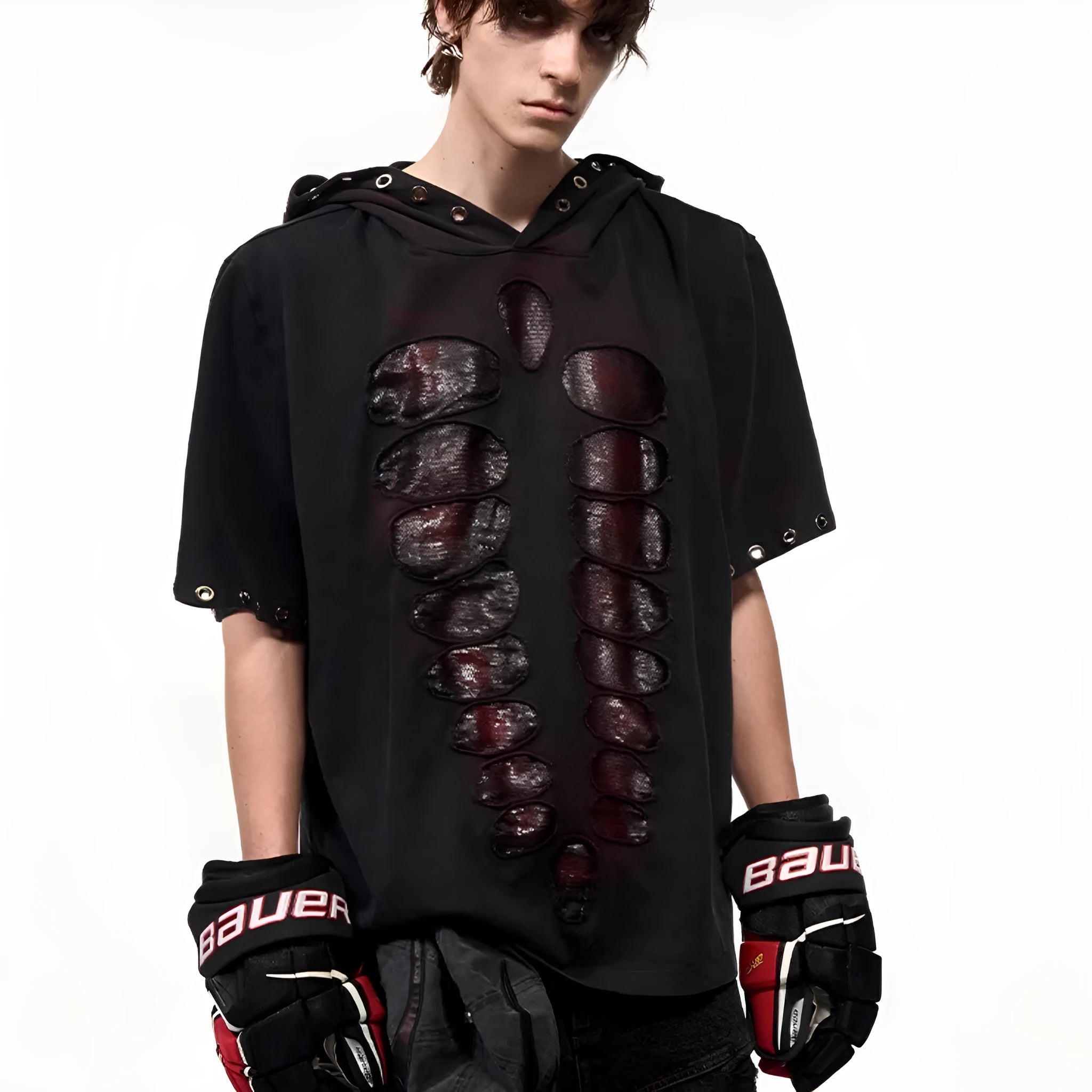 Black mens hooded t-shirt with sequin decoration and short sleeves