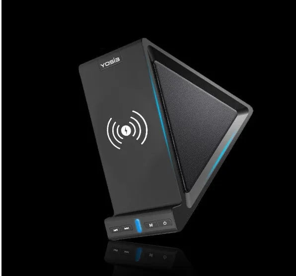 Black multifunctional Bluetooth speaker and wireless charger with built-in mobile phone stand.