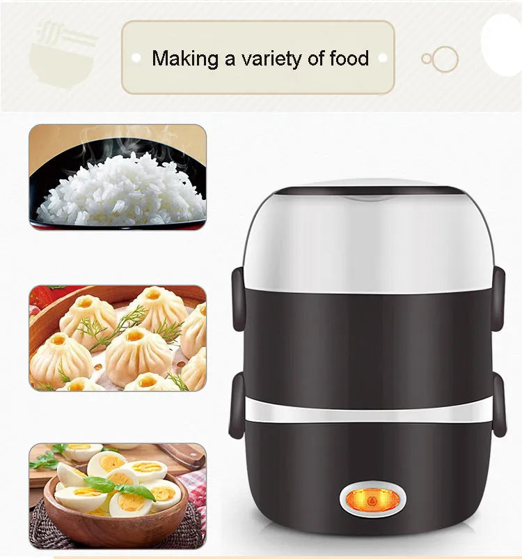 Multi-function lunch box with USB cable showing two-layer and three-layer capacity options