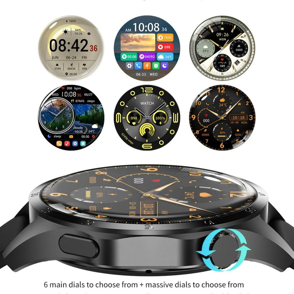 Black smartwatch with Bluetooth calling on wrist, showing health metrics on TFT screen