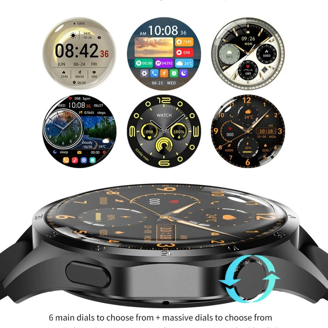 Black smartwatch with Bluetooth calling on wrist, showing health metrics on TFT screen