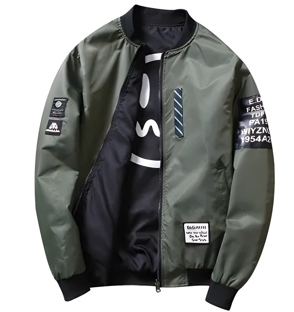 Reversible men's thin flight jacket in striped pattern with zipper, shown in black, blue, and green colours.