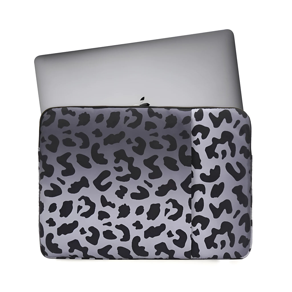 Leopard print laptop sleeve for 13-inch to 16-inch devices with waterproof polyester and anti-shock lining.