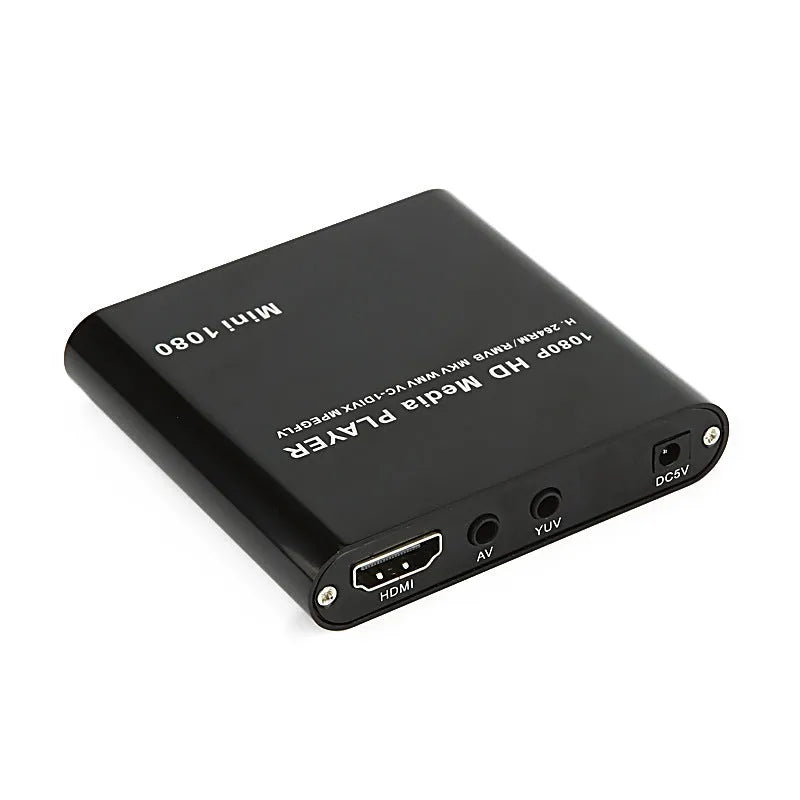 Compact blue or black 1080P media player with HDMI USB ports and all metal casing