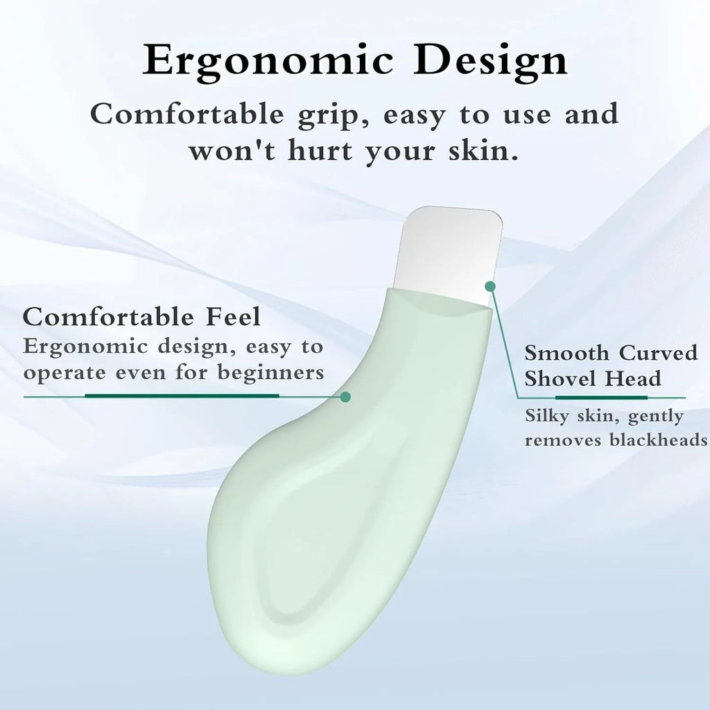 Stainless steel blackhead scraper tool with a non-slip handle for facial pore cleaning.