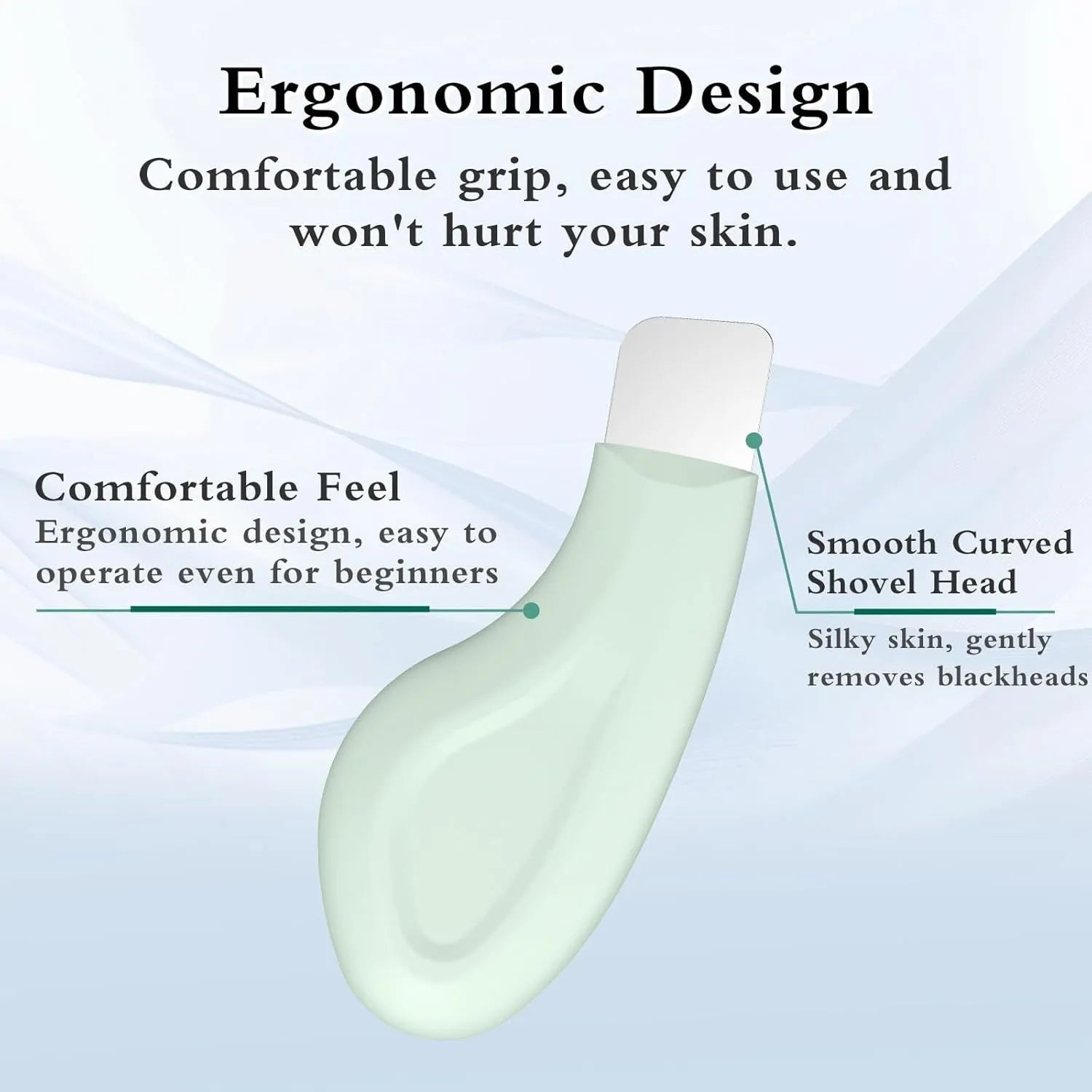 Stainless steel blackhead scraper tool with a non-slip handle for facial pore cleaning.
