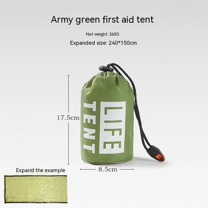 Orange portable disaster relief tent kit with sleeping bag and safety whistle for emergency shelter