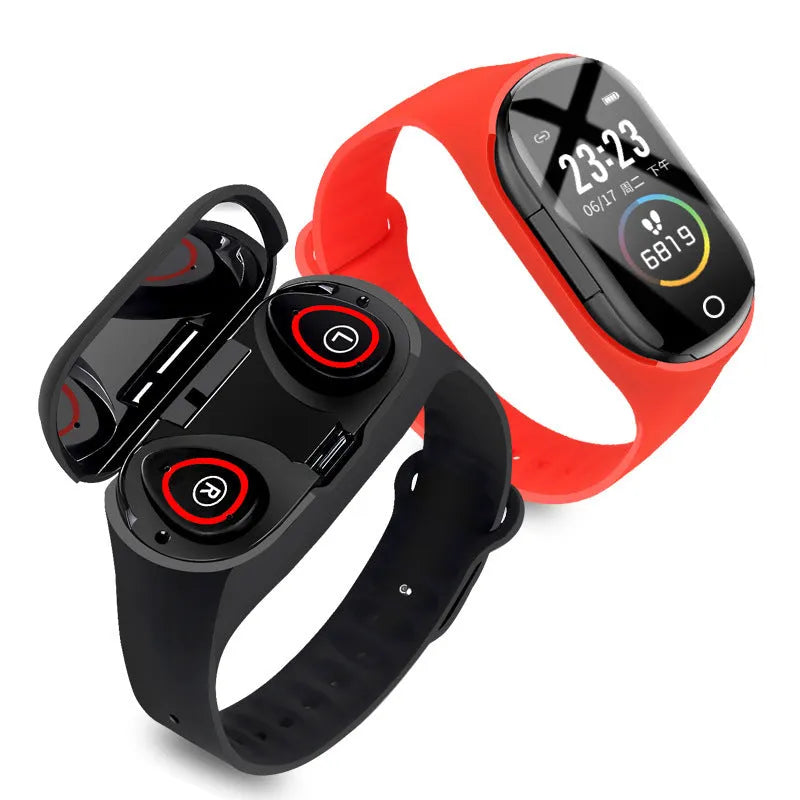 Smart bracelet and Bluetooth earphone combination device with silicone wristband in blue, black or red