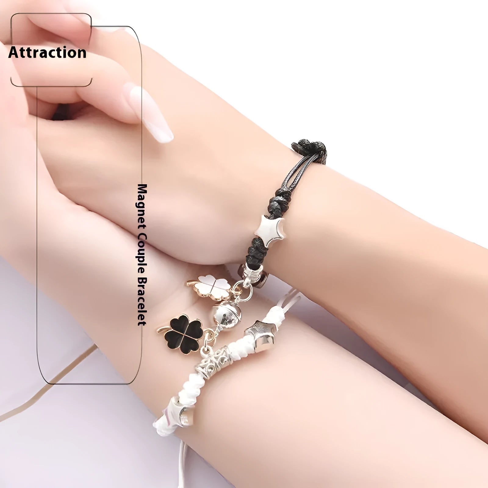 Magnetic couple bracelets with suction clasp showing various charm designs like a crown, clover, and love lock.