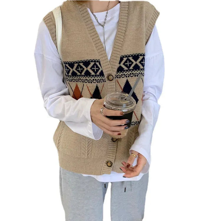 Women's loose sleeveless cardigan with diamond plaid pattern in acrylic fibre