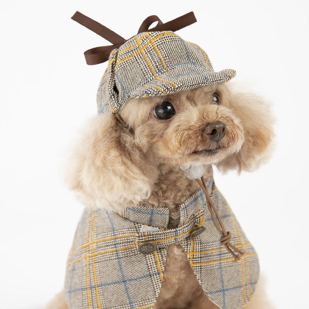 Camel-coloured cotton pet cloak with an adjustable hat shown on a model dog.