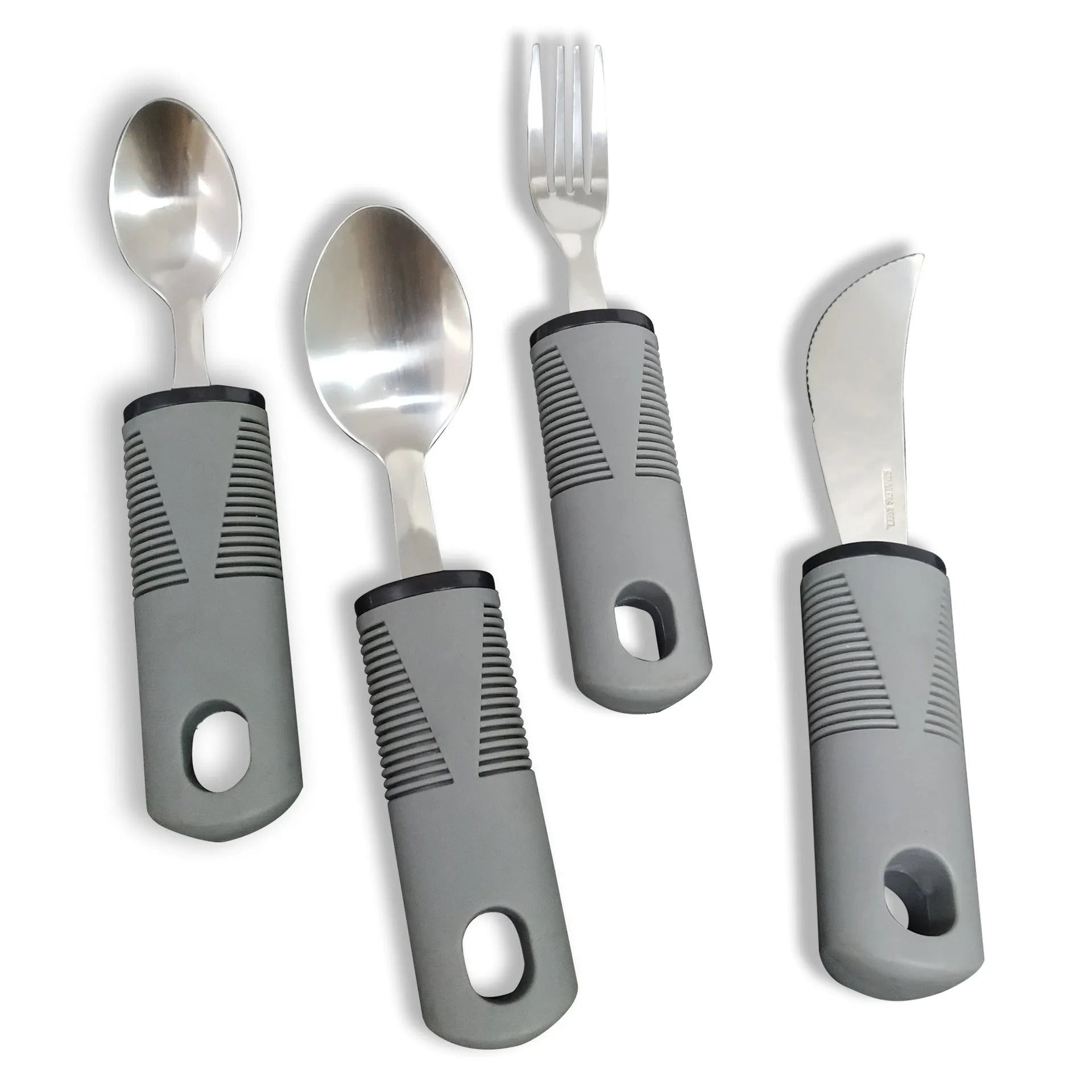 Stainless steel adaptive spoon and spork set with black rubber handle on a table.