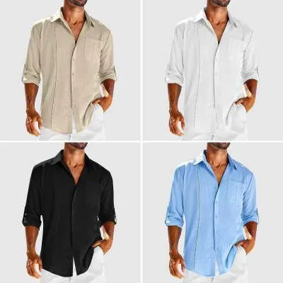 Mens solid colour long sleeve casual shirt with a polo collar and chest pocket