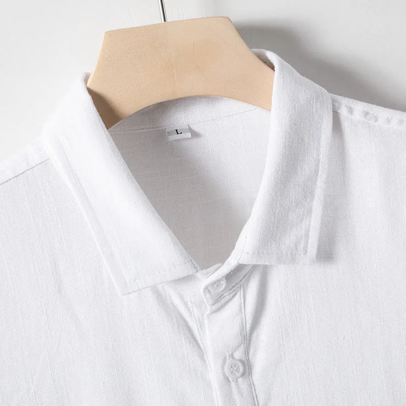 Men's linen blend T-shirt with loose lapel design in black, optic linen or white colours