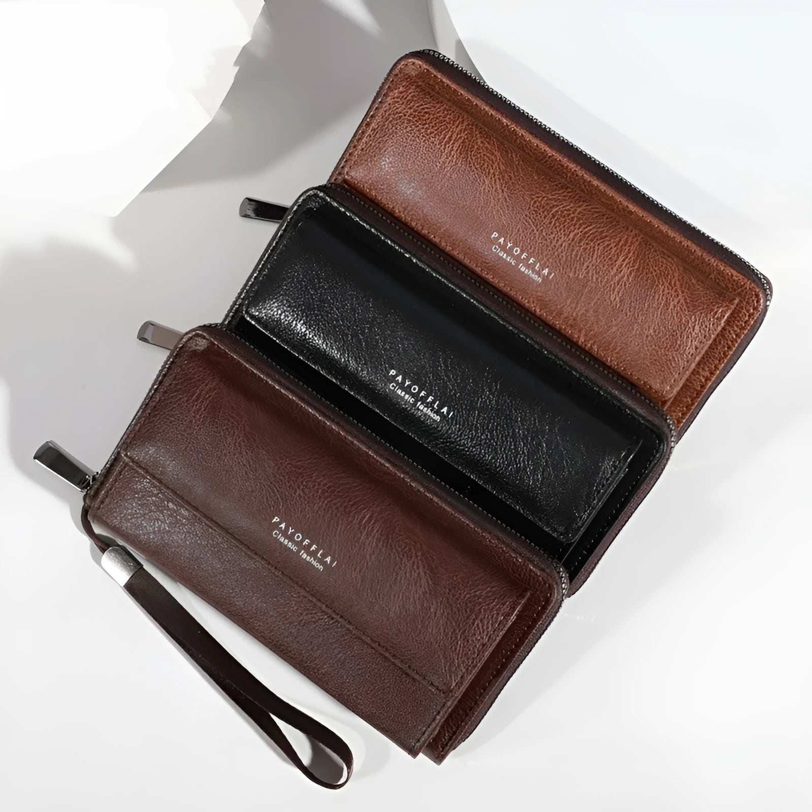 Men's long black PU leather wallet showing multiple card slots, laid flat to show 19cm length