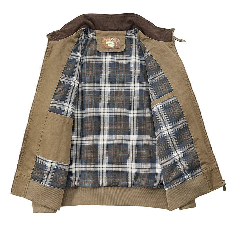 Men's plus size washed cotton baseball flight jacket in Army Green colour.
