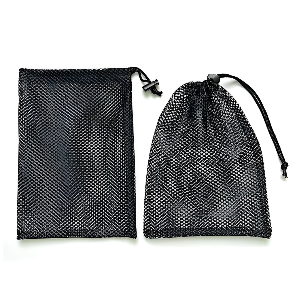 Black mesh drawstring storage bag with grid pattern, shown in three different sizes.
