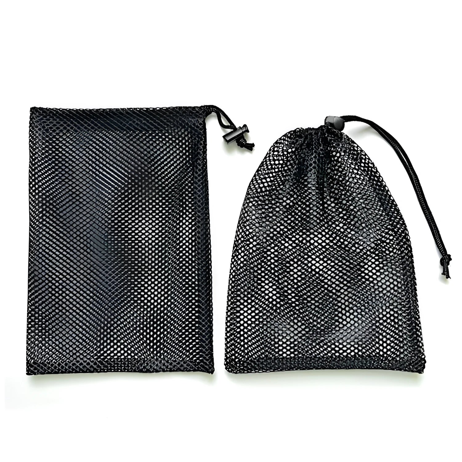 Black mesh drawstring storage bag with grid pattern, shown in three different sizes.