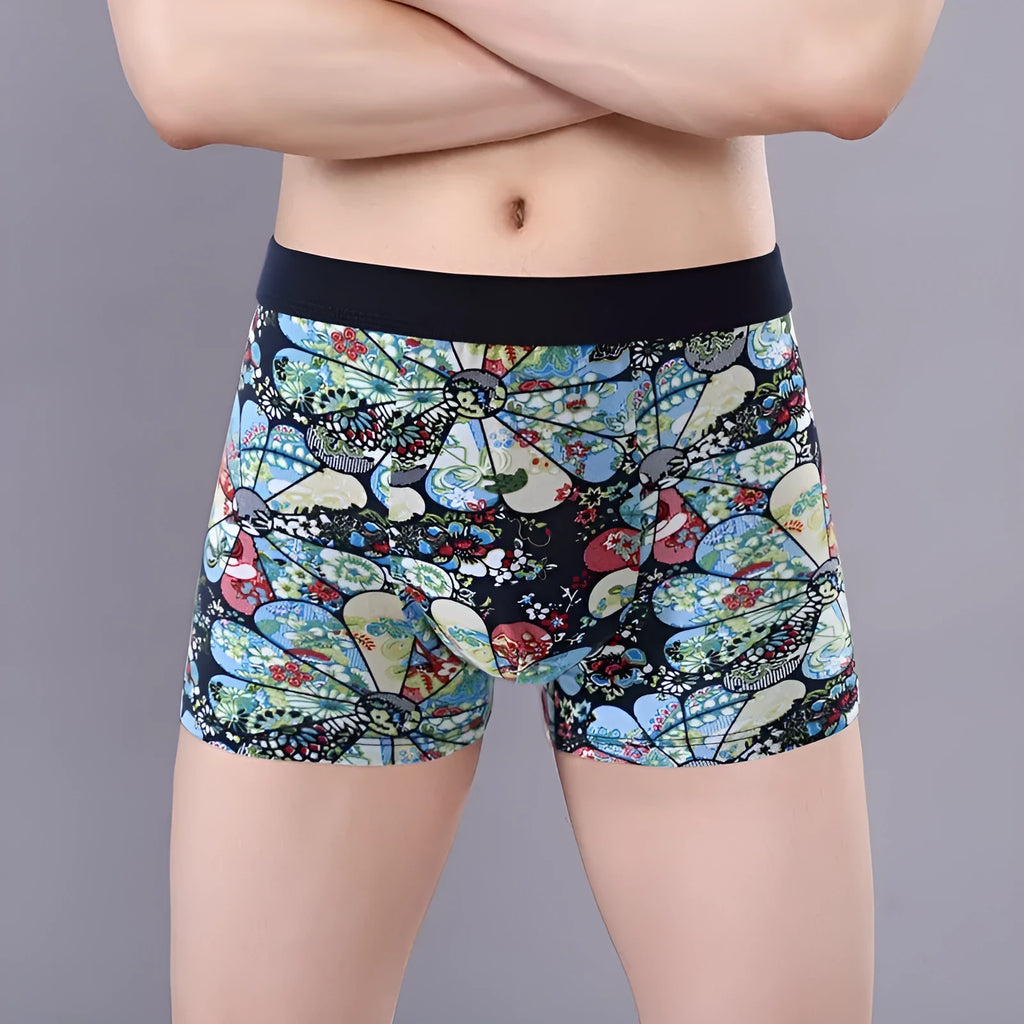 Men's cotton boxer briefs with U-shaped pouch design in floral patterns showing extended size options