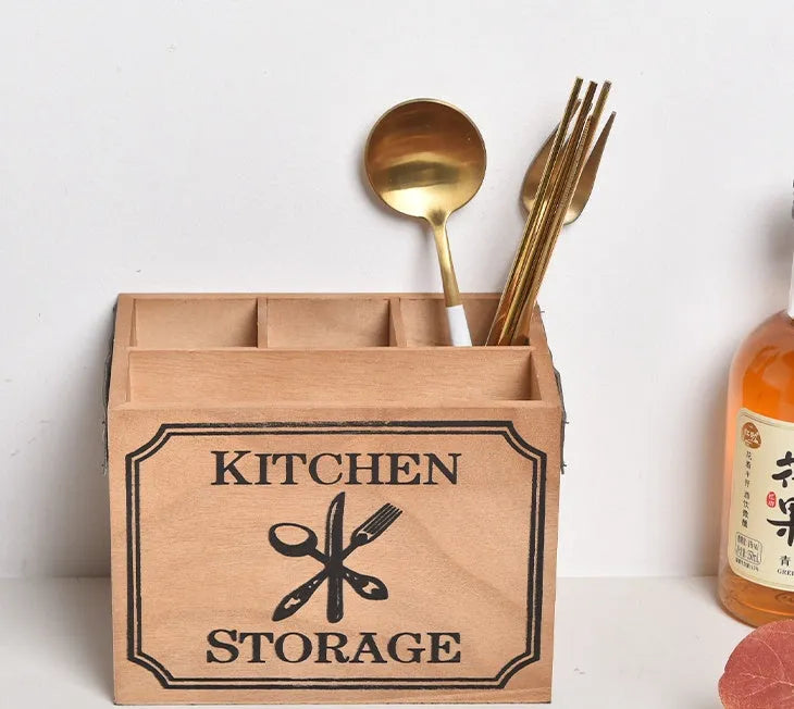 Wooden kitchen storage box for cutlery and chopsticks with internal divider grid
