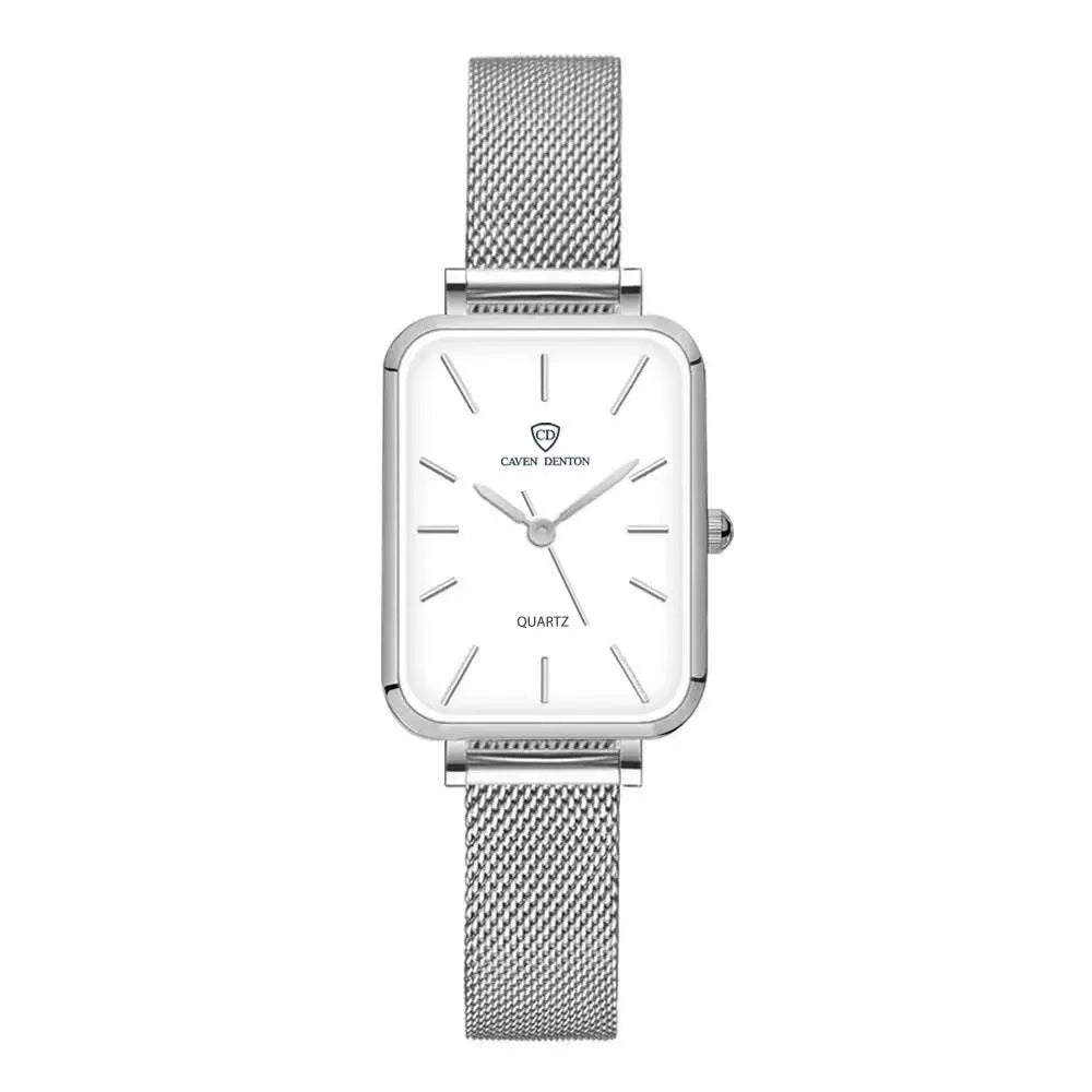 Women's quartz watch with woven steel belt, 34mm alloy case, rose gold or silver finish, 30m waterproof