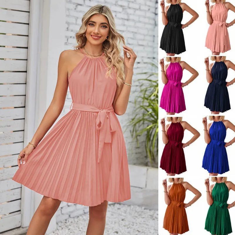 Women's black chiffon halter strapless dress with pleated skirt and adjustable waist
