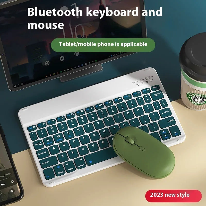Bluetooth keyboard and rechargeable mouse set for tablet and PC on a desk.