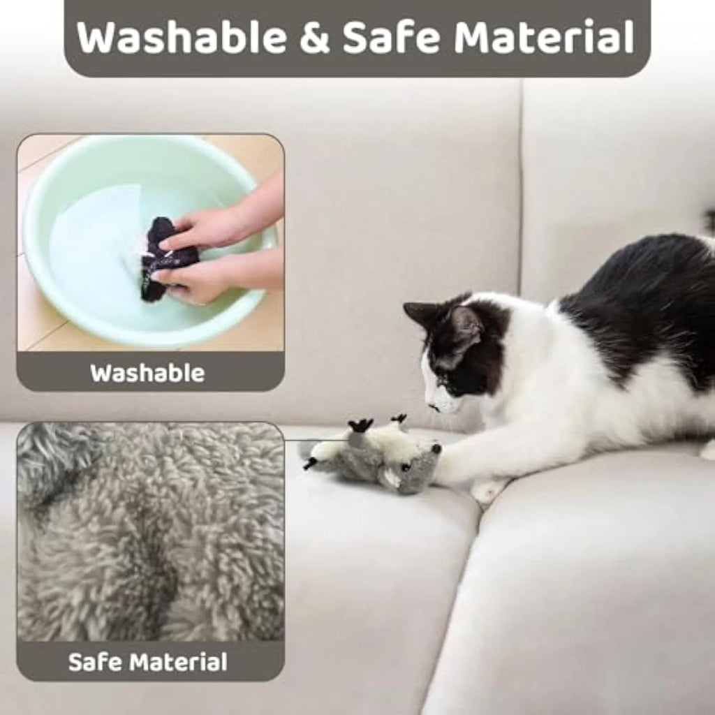 Gray flapping squirrel cat toy with USB charging cable for interactive play