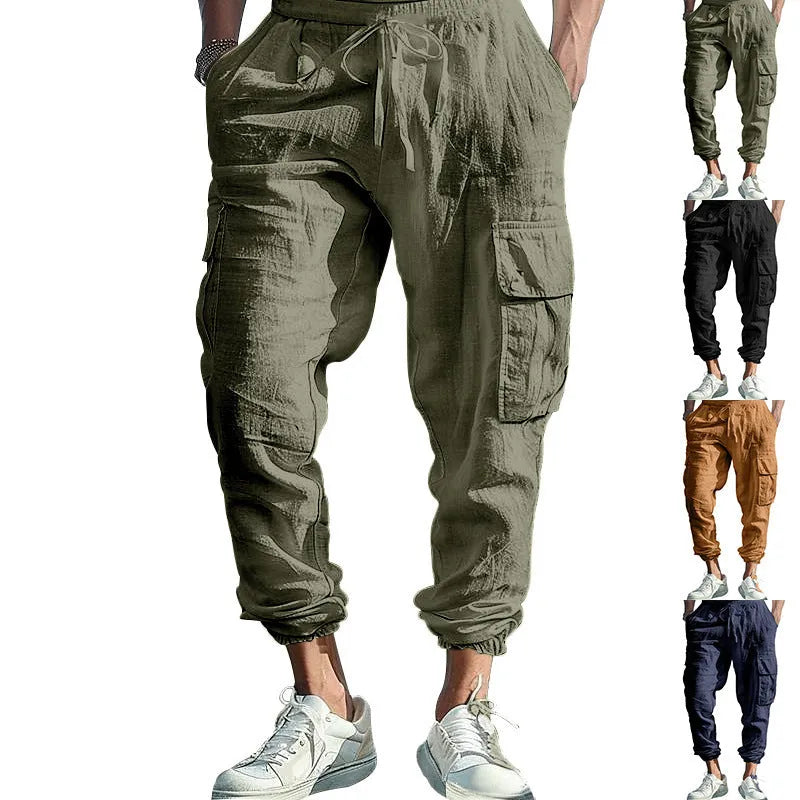 Men's linen casual trousers with ankle ties and drawstring waist in solid colour