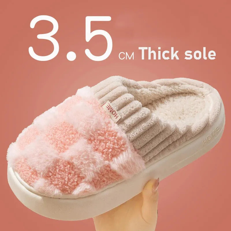 Plaid patterned women's indoor slippers in various colours with a soft sole and plush interior.