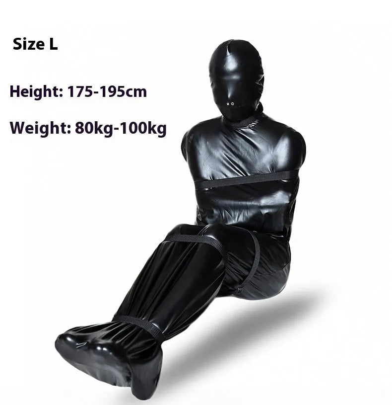Black patent leather bondage outfit with six ratchet tie down straps