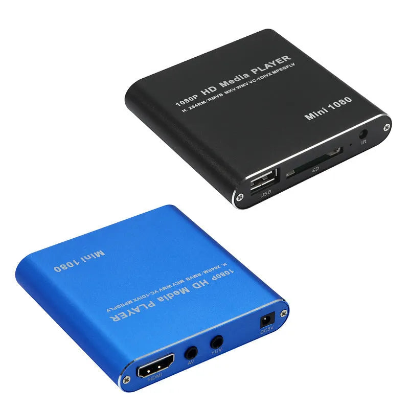 Compact blue or black 1080P media player with HDMI USB ports and all metal casing