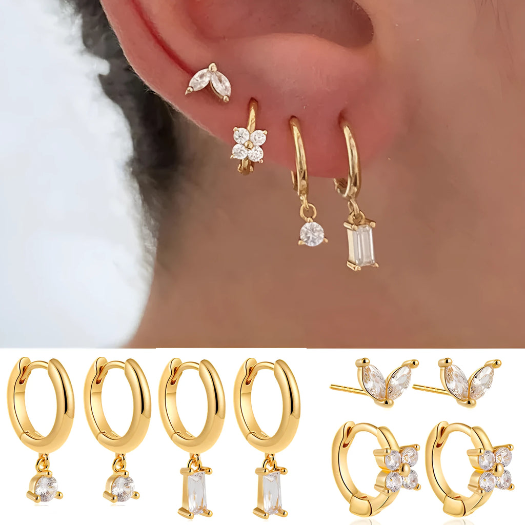 Copper geometric earring set with zircon details in gold or silver electroplated finish showing star, ellipse, ring and quadrilateral designs