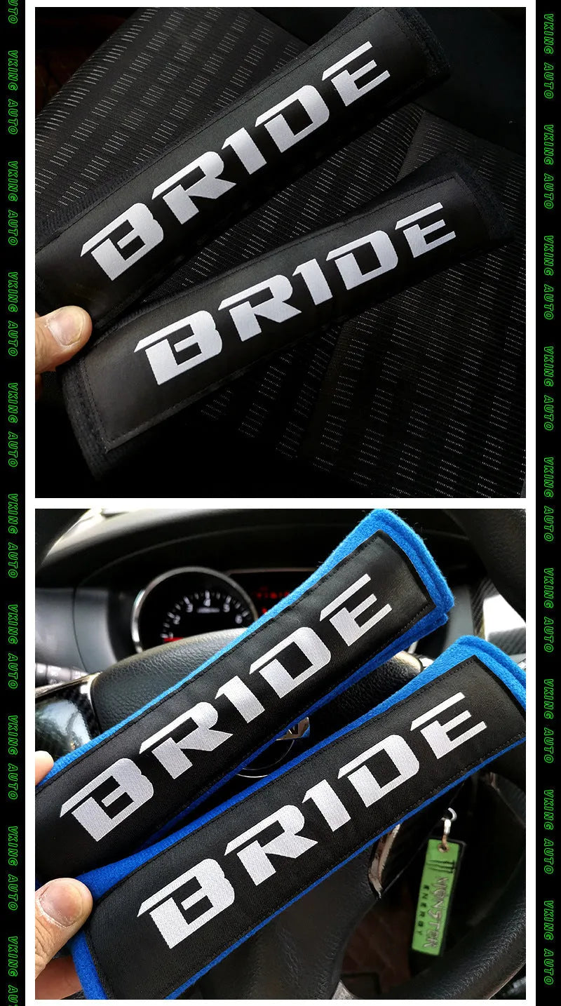 Car seatbelt shoulder pads in black, blue, and red colours showing cotton and sponge cloth embroidery weave construction