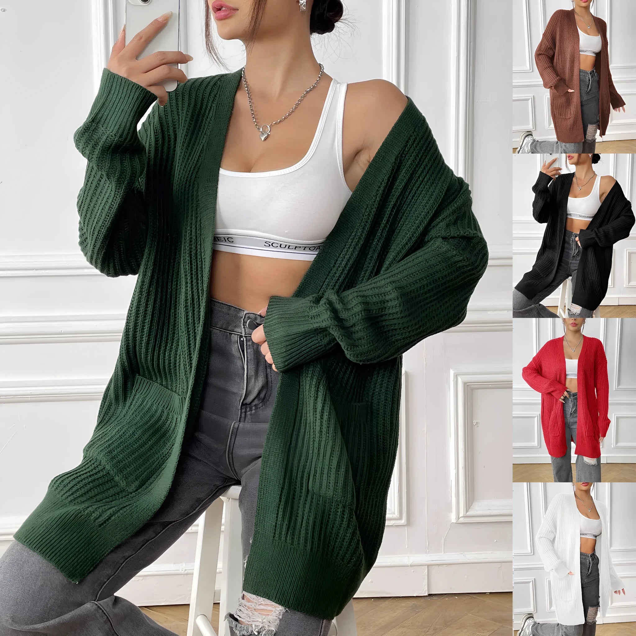 Women's dark green acrylic cardigan with double pockets and regular sleeves